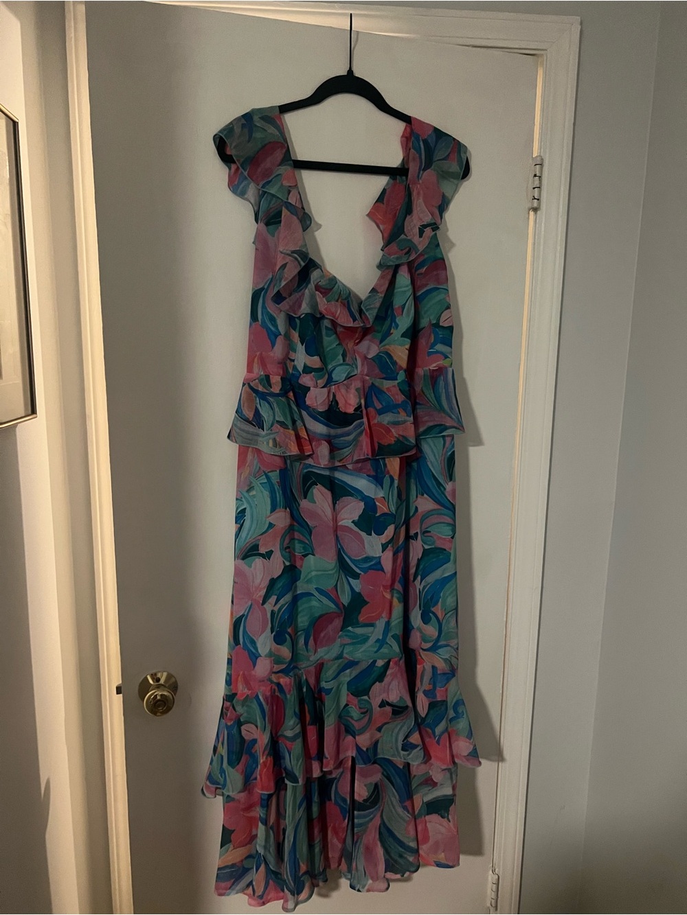 Show Me Your MuMu Pink & Teal Floral Ruffle Maxi Dress